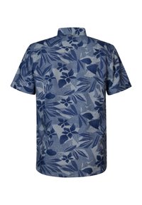 Camisa de manga corta con un patrón floral en azul y gris, que presenta un cuello, una textura suave y un corte relajado.