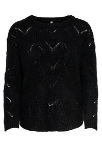 Schwarzer Strickpullover mit lockerer Passform, rundem Ausschnitt und strukturiertem Zickzackmuster mit offenen Maschen. Lange Ärmel und gerippter Saum.