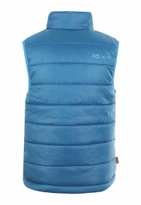 Blå pufferväst med hög krage, quiltat mönster och en logotyp på övre vänster sida. Tillverkad av mjukt och lätt material.