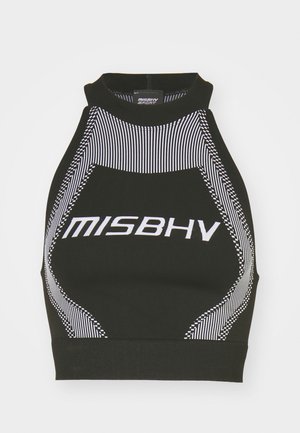 Zwarte halter crop top met hoge hals, voorzien van witte gestreepte accenten en het 'MISBHV' logo, gemaakt van een gladde, rekbare stof.