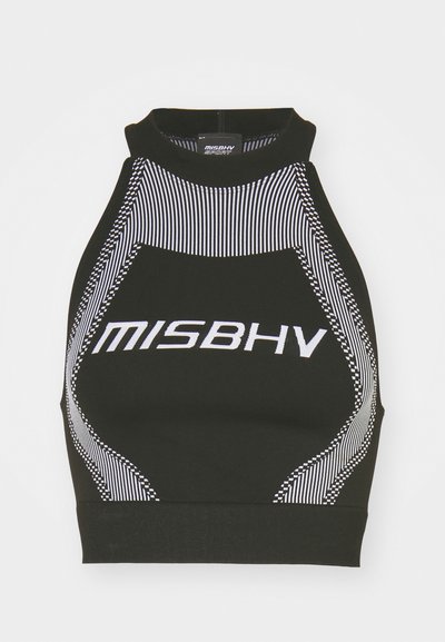 Top scurt negru cu guler înalt, având accente cu dungi albe și logo-ul 'MISBHV', realizat dintr-un material neted și elastic.