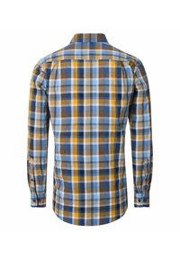 Langarmhemd mit Knopfleiste, das von hinten gezeigt wird, in einem blau-gelben-braunen und weißen Karo-Muster.