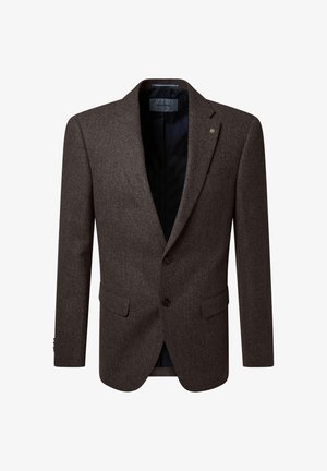 Bruine gestructureerde herenblazer met twee knopen aan de voorkant, kraag met inkeping, klepzakken, donkere voering en een klein metalen speldje op de revers.