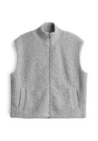 Grijze fleece vest met hoge kraag en voorkant met rits. Geweven stof, zijzakken met geribbelde accenten en mouwloos ontwerp.