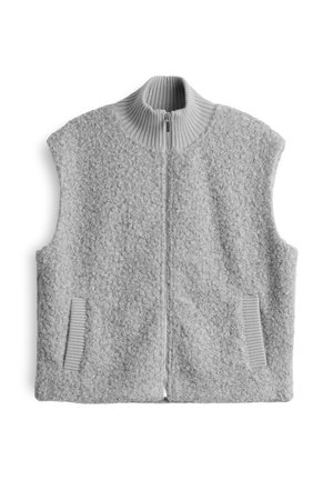 Grijze fleece vest met hoge kraag en voorkant met rits. Geweven stof, zijzakken met geribbelde accenten en mouwloos ontwerp.