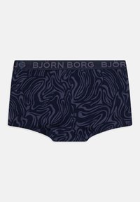 Mörkblå kalsonger med virvlande abstrakt mönster. Har ett tjockt midjeband med "BJÖRN BORG"-logotyp i ljusgrått. Mjuk tygkvalitet.