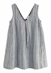 Randig ärmlös topp med V-ringning, som har en kombination av grå och vita ränder, tillverkad av ett lätt tyg med en texturerad yta.