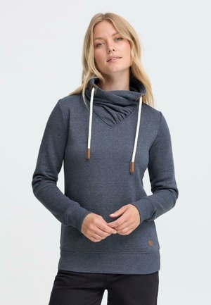 Mørkegrå sweatshirt med cowl hals, der har en struktureret overdel, lange ærmer, ribbede mansjetter og kontrasterende snore med læderdetaljer.