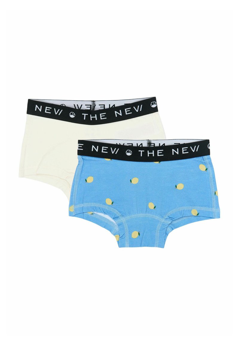 Pamut fehérnemű szett, amely egy krémszínű és egy kék, sárga citrommintás darabot tartalmaz. Mindkettőn fekete elasztikus derékpánt található szöveggel.