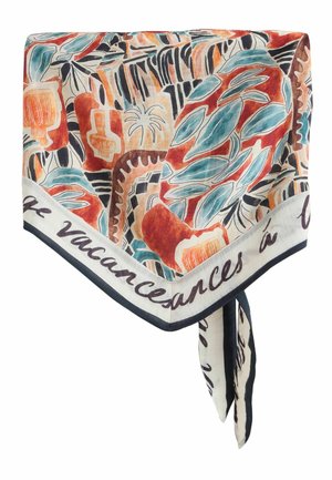 Silketørklæde med abstrakte tropiske blade og former i orange, blågrøn, sort og beige, med en kant af fransk skrift på hvid baggrund.