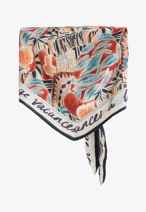 Siidist sall, millel on abstraktsed troopilised lehed ja kujundid oranžis, sinakasrohelises, mustas ja beežis ning valgel taustal on ääres prantsuse keeles käsitsi kirjutatud tekst.