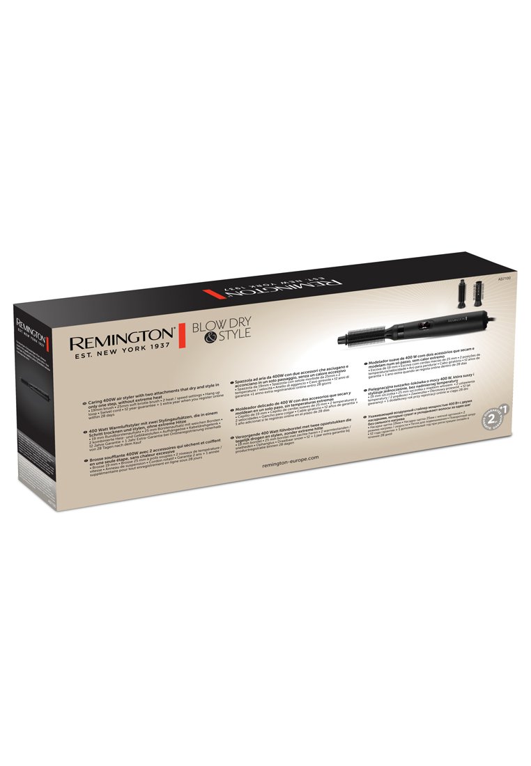Remington Föhn und Styling Verpackung in einem Schwarz- und Silberfarbschema, mit Produktdetails und Spezifikationen auf einem beigen Hintergrund.