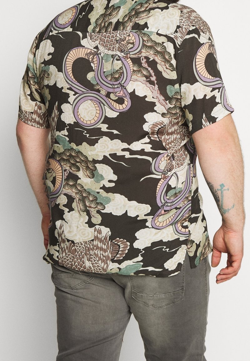 Mies, kiertänyt tumman kuviollisen paidan, jossa on lintuja, käärmeitä ja pilviä, harmaiden housujen kanssa, nähty selkäpuolelta valkoista taustaa vasten.