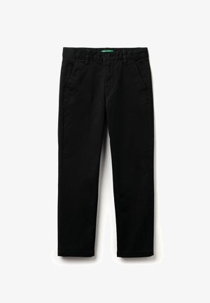 Pantaloni in cotone neri con una vestibilità regolare, dotati di chiusura con bottone, passanti per cintura e due tasche frontali. Tessuto liscio, design a gamba dritta.