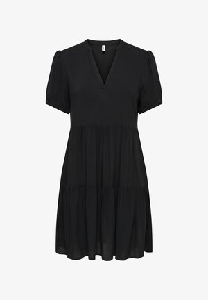 Robe courte noire à manches courtes avec épaules volantées, col en V, longueur genou, en tissu léger.