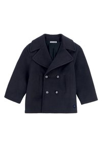Doppiopetto in lana morbida di colore blu scuro, caratterizzato da un davanti doppiopetto, grandi revers, due tasche laterali e un piccolo logo sull'orlo.