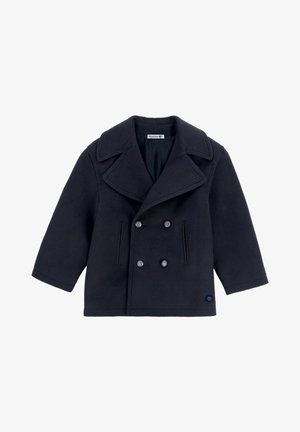 Dunkelblauer Peacoat aus weichem Wollmix, mit einer doppelt geknöpften Vorderseite, großen Revers, zwei Seitentaschen und einem kleinen Logo am Saum.