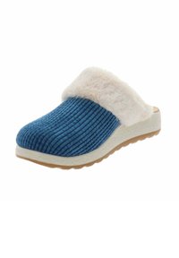 Zapatilla de corduroy azul con un suave cuello blanco, parte superior texturizada y suela de goma. Diseño de punta redondeada con construcción ligera.