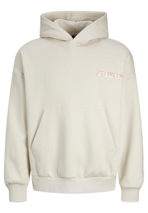 Cremefarbener Hoodie mit Fronttasche, Kordelzugkapuze, gerippten Bündchen und gesticktem Logo-Detail auf der linken Brust. Weicher Stoff, lässiges Design.