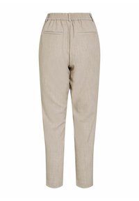 Pantalon beige en tissu texturé, avec une taille élastique et deux poches arrière. Coupe fuselée avec une longueur raccourcie.