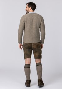 Beige gestrickter Pullover mit strukturierter Oberfläche, braune Ledershorts, kniehohe gemusterte Socken und robuste braune Schuhe. Rückansicht.