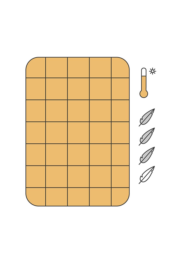 Rechteckige beigen Matte mit einem Gittermuster, abgerundeten Ecken, begleitet von einem Thermometer-Icon und drei stilisierten Feder-Icons.