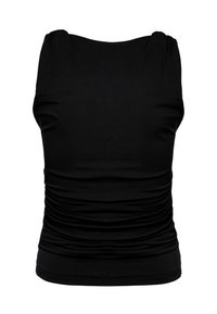 Zwarte tanktop met een aansluitend ontwerp, voorzien van geplooide zijdetails en brede banden. Gemaakt van zachte, elastische stof.