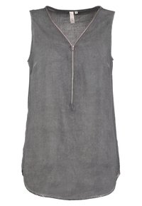 Tunic grigia in lino senza maniche con zip frontale a metà e orlo arrotondato, taglia 36, esposta su sfondo bianco.