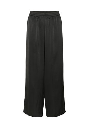 Black wide-leg pants with elastic waistband made of smooth, flowy fabric, displayed against a white background.