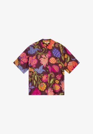 Korte mouwen overhemd met knopen en grote bloemenpatronen in verschillende kleuren, waaronder roze, blauw, oranje, geel en groen, op een donkerpaarse achtergrond.