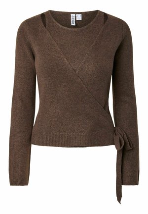 Bruine gebreide wikkeltrui met lange mouwen en zijstrikdetail in de taille, voorzien van geribbelde manchetten en zoom.