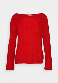 Roter Strickpullover mit weitem Ausschnitt, langen Ärmeln, gerippter Textur und lockerer Passform, ohne sichtbare Logos oder Muster.