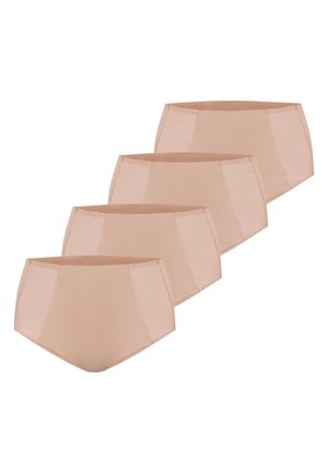 Cuatro braguitas beige de talle alto para mujer con paneles de encaje en los laterales, dispuestas en formación escalonada y superpuesta sobre fondo blanco.