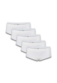 Cinque paia di mutande bianche, realizzate in tessuto morbido, con un design a vita media e fasce elastiche. Costruzione semplice e senza cuciture.