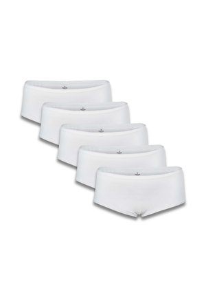 Cinq paires de sous-vêtements blancs, fabriqués en tissu lisse, avec un design à taille moyenne et des ceintures élastiques. Construction simple et sans couture.