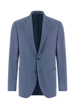 Enkelsluitend blauw colbert met ingesneden revers, twee opgestikte voorzakken, borstzak en twee donkere knopen.