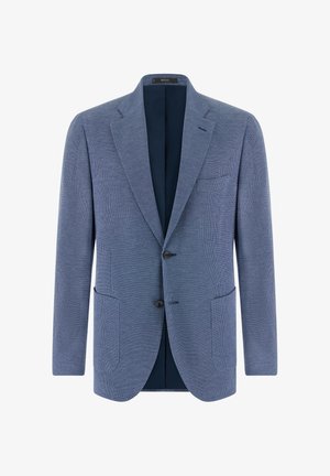 Yksirivinen sininen bleiseri lovikauluksilla, kahdella etutaskulla, rintataskulla ja kahdella tummalla napilla.