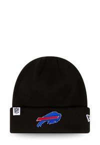 Black knit beanie featuring a blue and red embroidered Buffalo Bills logo on the front and a small NFL logo tag on the side.