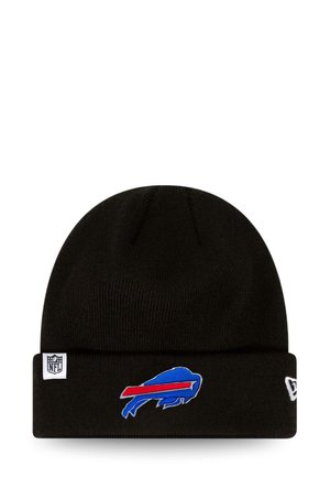 Black knit beanie featuring a blue and red embroidered Buffalo Bills logo on the front and a small NFL logo tag on the side.