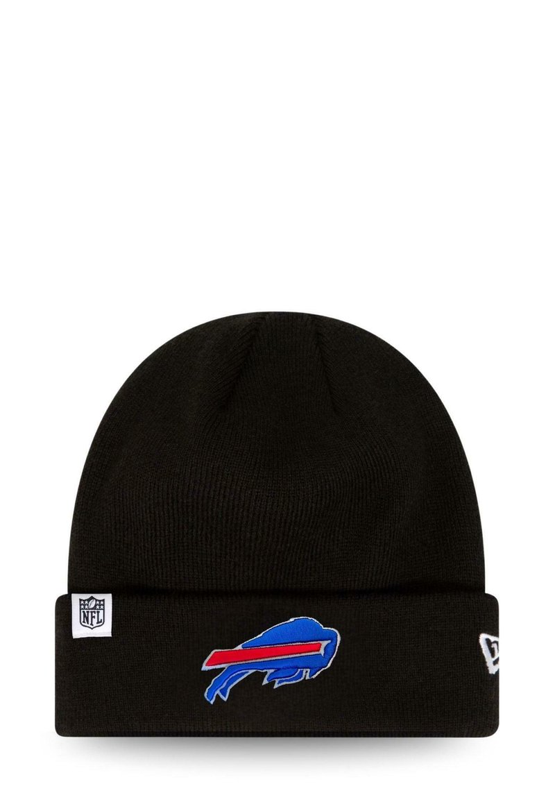 Black knit beanie featuring a blue and red embroidered Buffalo Bills logo on the front and a small NFL logo tag on the side.