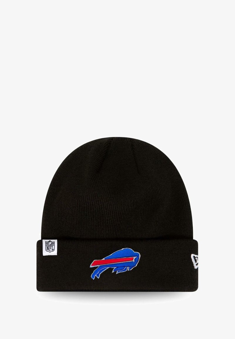 Black knit beanie featuring a blue and red embroidered Buffalo Bills logo on the front and a small NFL logo tag on the side.