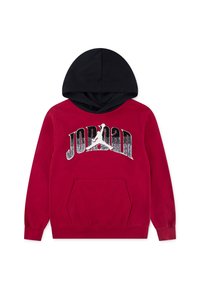 Felpa rossa con cappuccio nero, dotata di tasca a marsupio, grafica "JORDAN" in argento e bianco, e polsini a coste. Materiale in misto cotone.