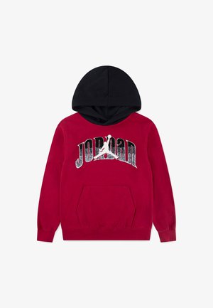 Felpa rossa con cappuccio nero, dotata di tasca a marsupio, grafica "JORDAN" in argento e bianco, e polsini a coste. Materiale in misto cotone.
