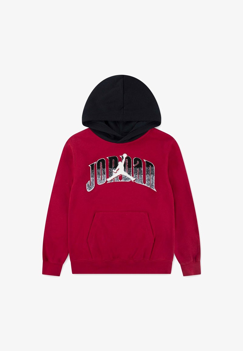 Felpa rossa con cappuccio nero, dotata di tasca a marsupio, grafica "JORDAN" in argento e bianco, e polsini a coste. Materiale in misto cotone.
