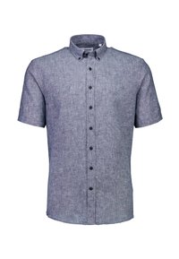 Camicia a maniche corte con bottoni in tessuto azzurro chiaro strutturato, caratterizzata da un colletto button-down e bottoni frontali marrone scuro.