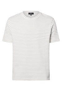 Short-sleeve T-shirt in white with subtle light gray horizontal stripes, featuring a round neck and textured fabric. No graphic accents.
