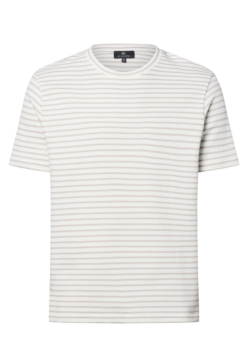 Short-sleeve T-shirt in white with subtle light gray horizontal stripes, featuring a round neck and textured fabric. No graphic accents.