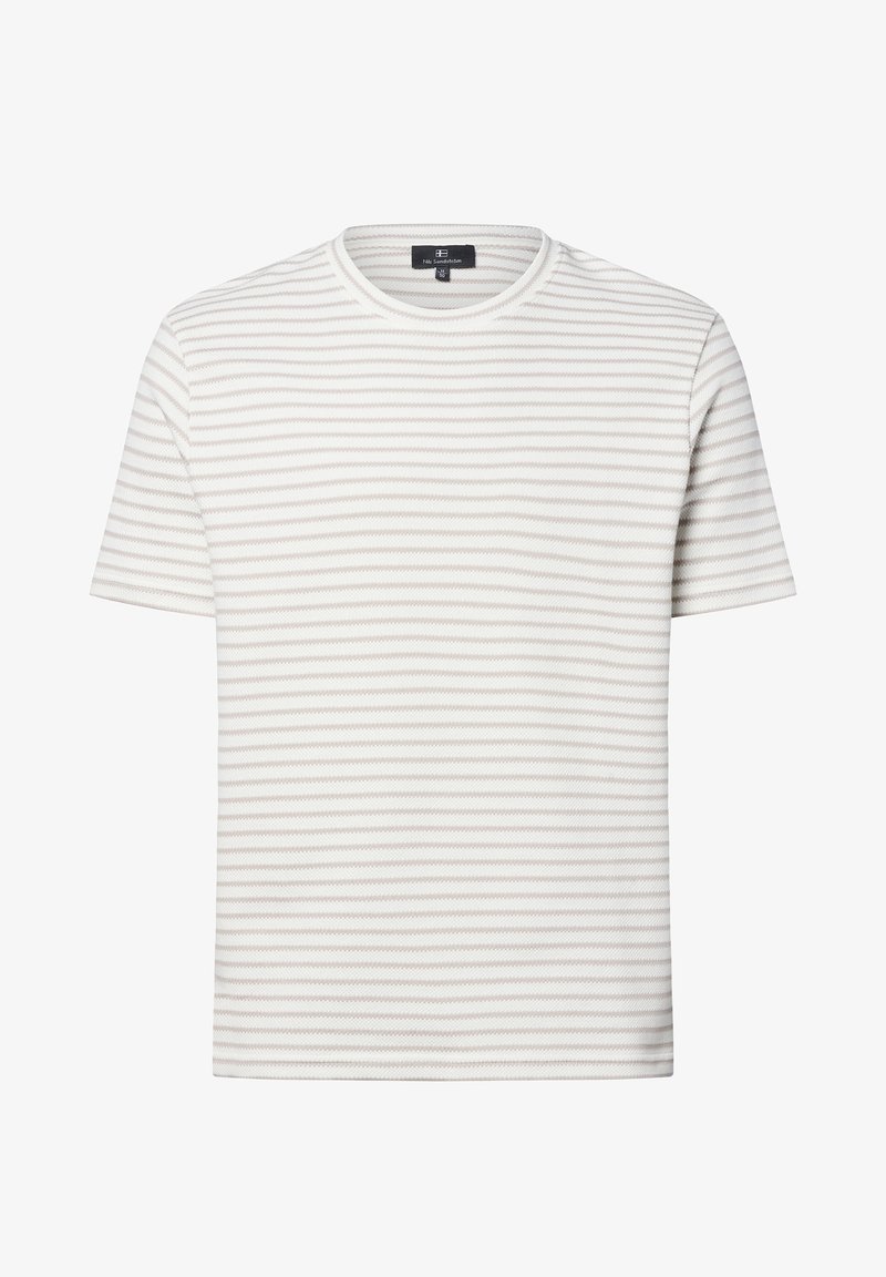 Short-sleeve T-shirt in white with subtle light gray horizontal stripes, featuring a round neck and textured fabric. No graphic accents.