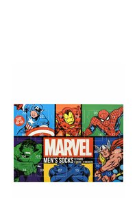 Box of Marvel men's socks featuring 12 pairs in various colors. Includes designs of superhero characters on a bright, graphic background. Size 40-45.