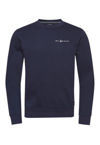 Sudadera de color azul marino con mangas largas, cuello redondo, puños acanalados y una textura sutil. Presenta un logo blanco de "Sail Racing" en el pecho.